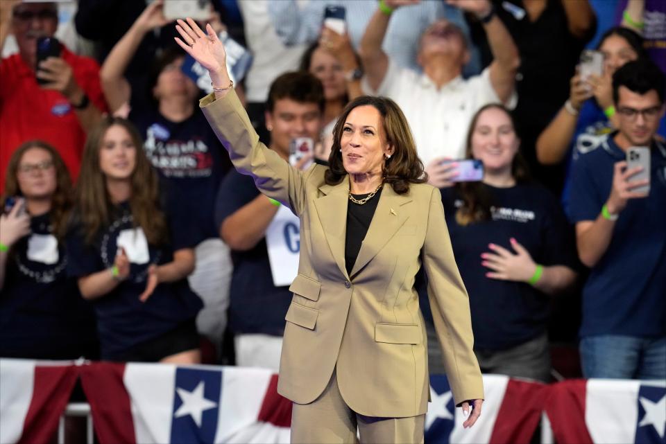 Democratic presidential nominee Vice President Kamala Harris arrives at a campaign rally at Desert Diamond Arena, Friday, Aug. 9, 2024, in Glendale, Arizona (AP)