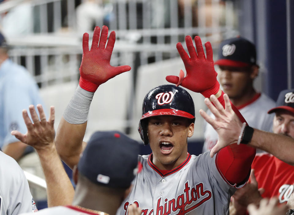 Washington Nationals left fielder Juan Soto (22) (AP Photo/John Bazemore)