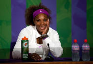 Serena Williams of the USA speaks at a press conference after winning her Ladies Singles final match against Agnieszka Radwanska of Poland on day twelve of the Wimbledon Lawn Tennis Championships at the All England Lawn Tennis and Croquet Club on July 7, 2012 in London, England. (Photo by Pool/Getty Images)