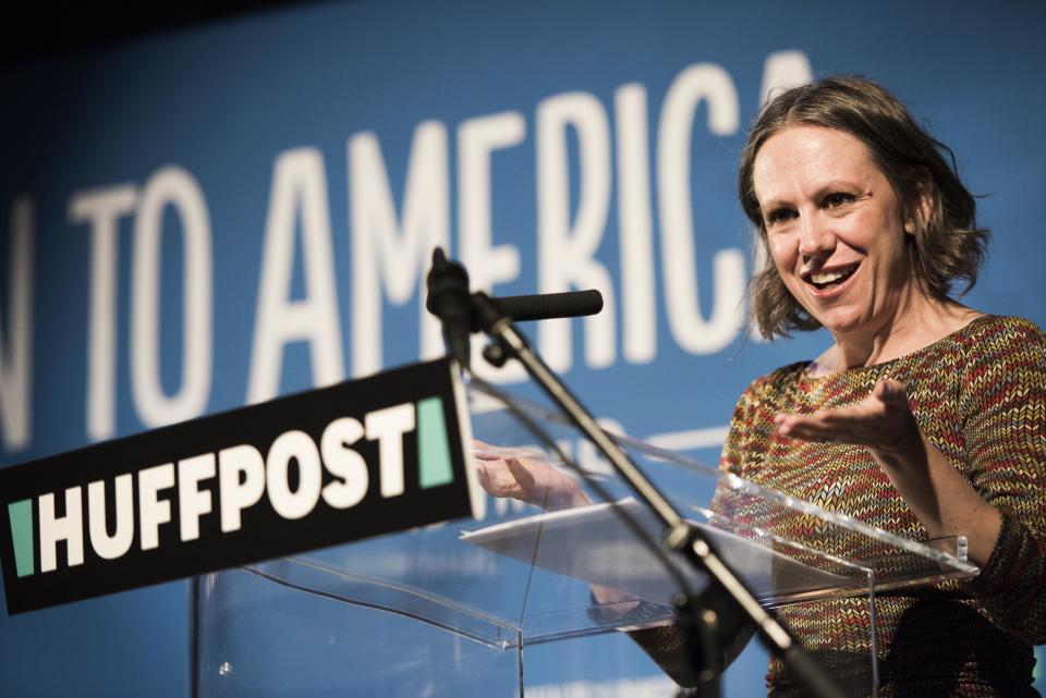 Hillary Frey, HuffPost's director of editorial strategy, talks to the audience during the HuffPost bus tour wrap party.