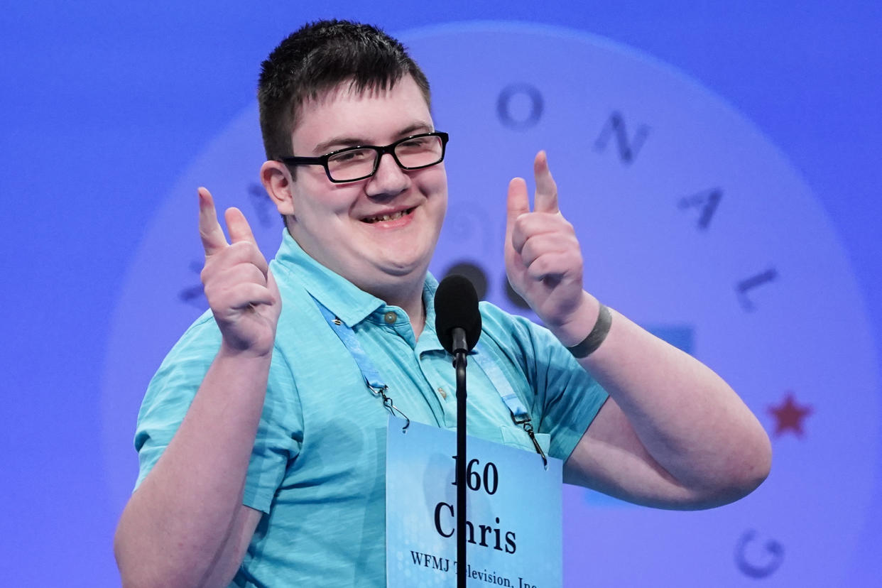 Chris Dominick, 14, from Struthers, Ohio, reacts after answering correctly to advance to the next round during the Scripps National Spelling Bee, Tuesday, May 31, 2022, in Oxon Hill, Md. (AP Photo/Alex Brandon)