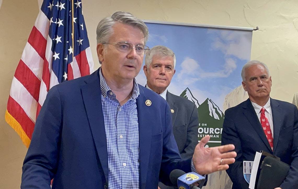 Rep. John Duarte, R-Modesto, speaks to reporters after a Sept. 6, 2024, hearing on water issues in Santa Nella, California. At right is Republican Rep. Tom McClintock, whose district takes in part of Stanislaus County. Subcommittee Chairman Cliff Bentz, R-Oregon, is in the middle.