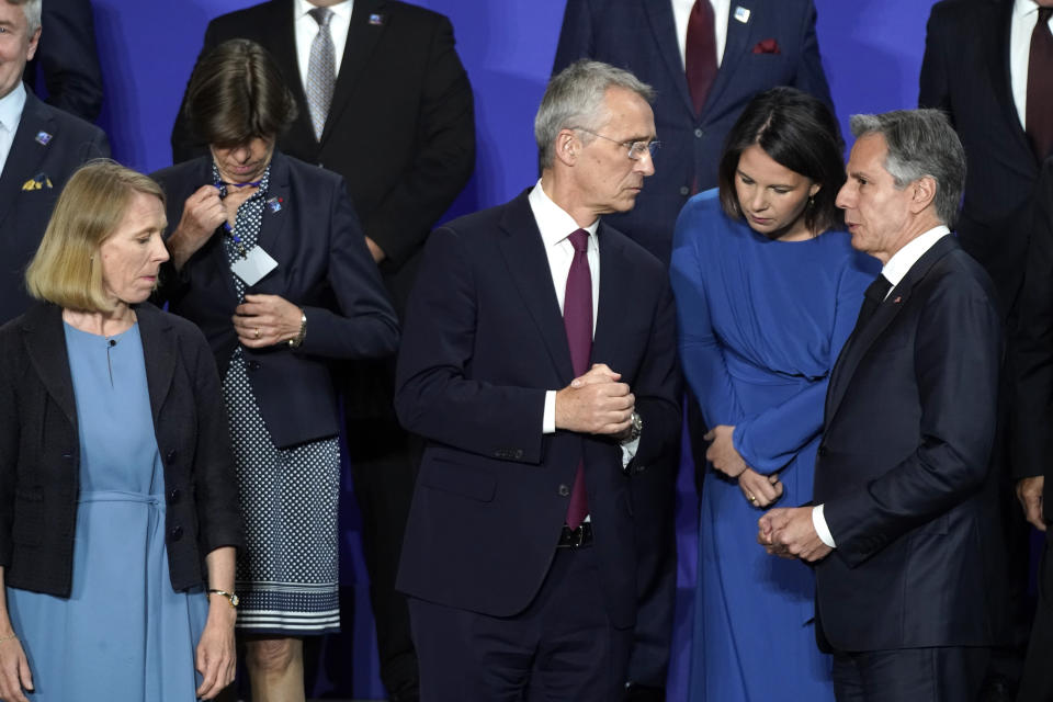 NATO Secretary General Jens Stoltenberg, third right, talks to German Foreign Minister Annalena Baerbock, second right, and U.S. Secretary of State Antony Blinken, right, prior to a group photo as part of a meeting of NATO's foreign ministers in Oslo, Thursday, June 1, 2023. (Lise Aserud/Pool Photo via AP)