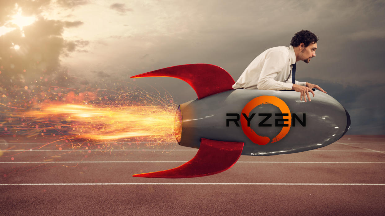  A man riding a rocket with the AMD Ryzen logo on the side. 