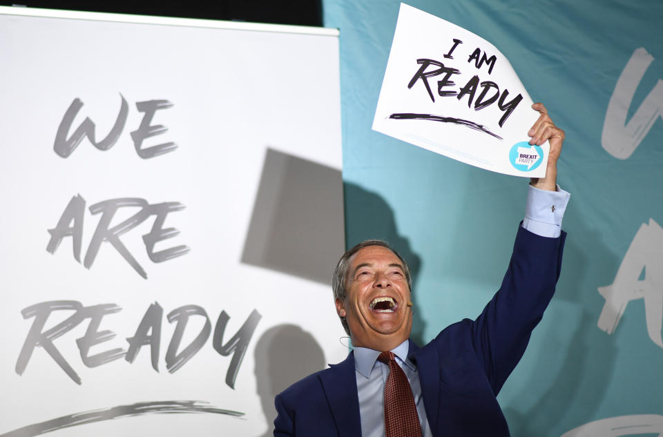 Brexit Party leader Nigel Farage speaks during the party's 'We Are Ready' event at Colchester United Football Club in Essex.