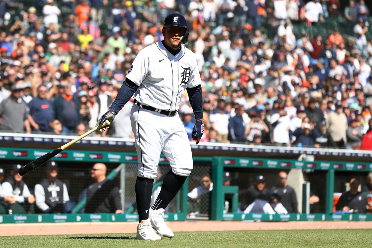 DETROIT, MI - APRIL 21: Miguel Cabrera #24 of the Detroit Tigers is intentionally walked in the eighth inning during the game between the New York Yankees and the Detroit Tigers at Comerica Park on Thursday, April 21, 2022 in Detroit, Michigan. (Photo by Mike Mulholland/MLB Photos via Getty Images)