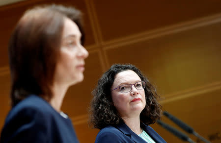 Andrea Nahles, leader of Germany's Social Democratic Party (SPD) and top candidate Katarina Barley attend a news conference following the European Parliament election results, in Berlin, Germany, May 27, 2019. REUTERS/Fabrizio Bensch