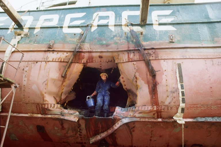 The hull of the Greenpeace's Rainbow Warrior pictured on August 1, 1985 after it was bombed by the French secret service in Auckland on July 9, 1985, to stop it from protesting against nuclear testing at France's Pacific Mururoa Atoll