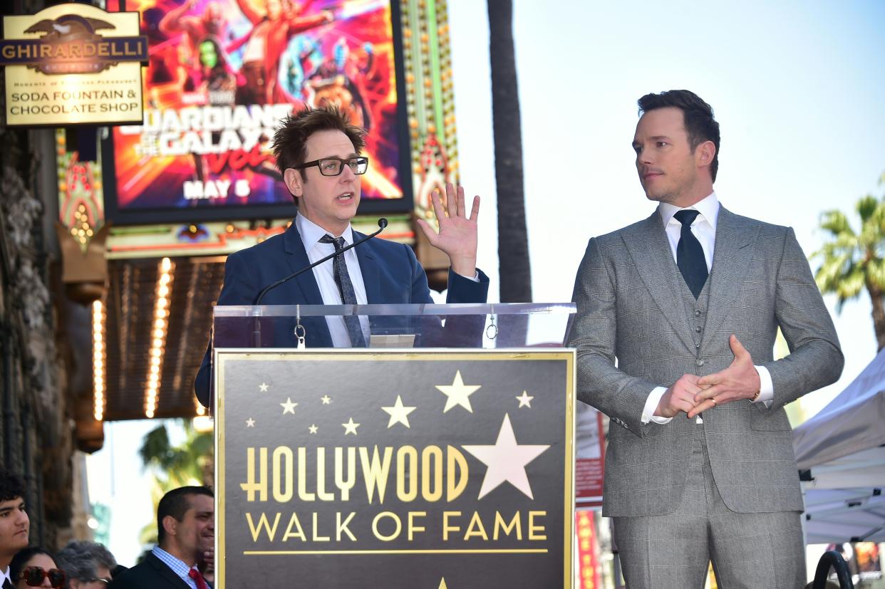 Director and producer James Gunn speaks as actor Chris Pratt looks on at his Walk of Fame Star ceremony in Hollywood in 2017. (Photo: FREDERIC J. BROWN/AFP via Getty Images)