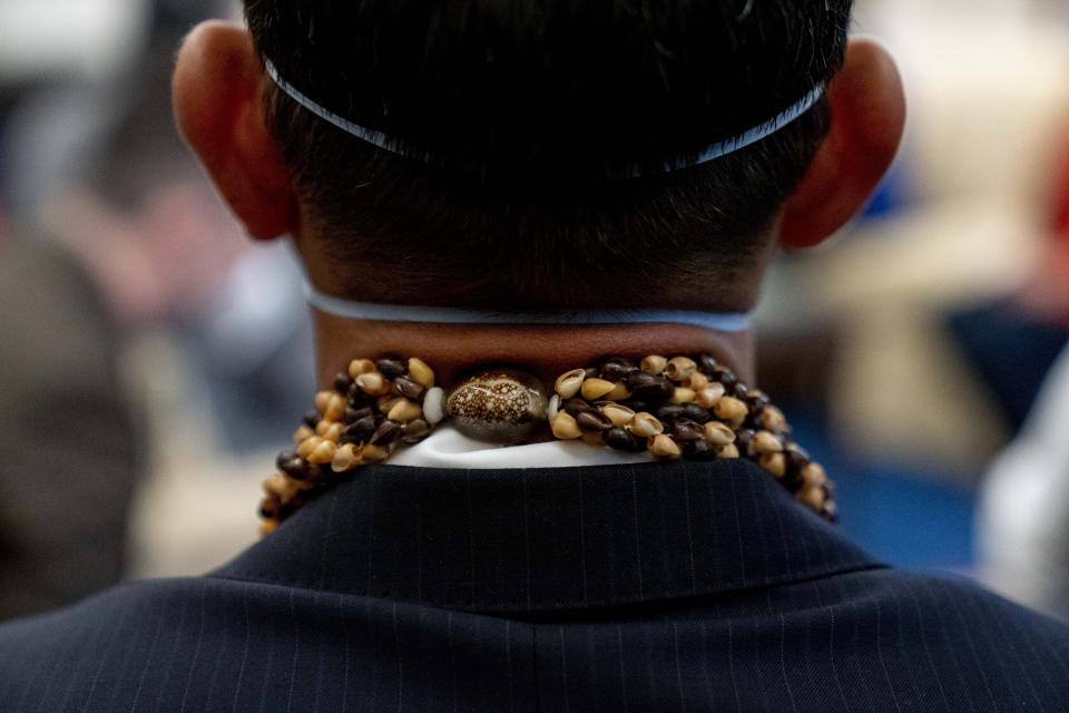 Rep. Kaiali'i Kahele, D-Hawaii, attends a meeting with President Joe Biden and other members of the Congressional Asian Pacific American Caucus Executive Committee in the Oval Office at the White House in Washington, Thursday, April 15, 2021. (AP Photo/Andrew Harnik)