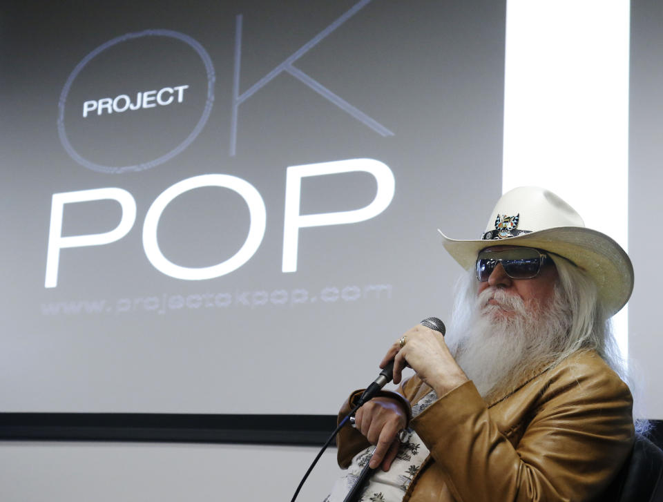 Leon Russell answers a question during a news conference in Tulsa, Okla., Tuesday, Jan. 29, 2013. The Oklahoma Historical Society has acquired a large collection of works by the legendary musician and native Oklahoman that are intended for display in a planned pop culture museum in Tulsa. (AP Photo/Sue Ogrocki)