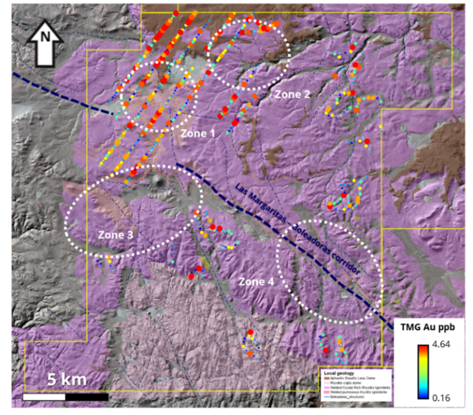 <strong>Figure 2: </strong>Boleadora generalized geology, gold from sediment samples and with structural interpretation at district scale (courtesy Newmont).