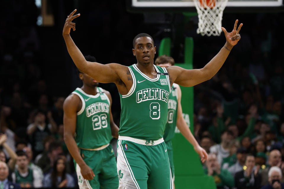 Apr 3, 2022; Boston, Massachusetts, USA; Boston Celtics forward Malik Fitts (8) celebrates after a three point basket during the second half against the <a class="link " href="https://sports.yahoo.com/nba/teams/washington/" data-i13n="sec:content-canvas;subsec:anchor_text;elm:context_link" data-ylk="slk:Washington Wizards;sec:content-canvas;subsec:anchor_text;elm:context_link;itc:0">Washington Wizards</a> at TD Garden. Mandatory Credit: Winslow Townson-USA TODAY Sports