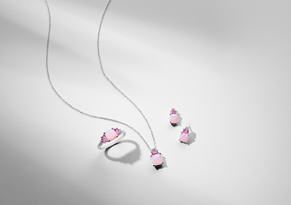 Kay Jewelers’ pink lab-grown opal jewelry set.