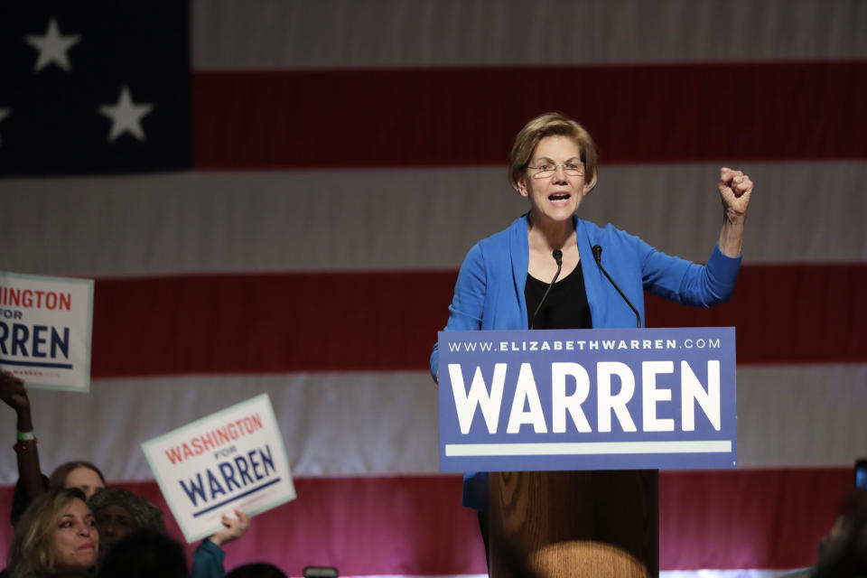 Democratic presidential candidate U.S. Sen. Elizabeth Warren, D-Mass., speaks during a campaign event Saturday, Feb. 22, 2020, in Seattle. (AP Photo/Elaine Thompson)