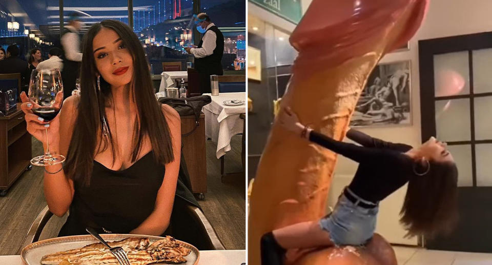 The influencer out at dinner and hugging a penis statue at the Amsterdam Sex Museum. 