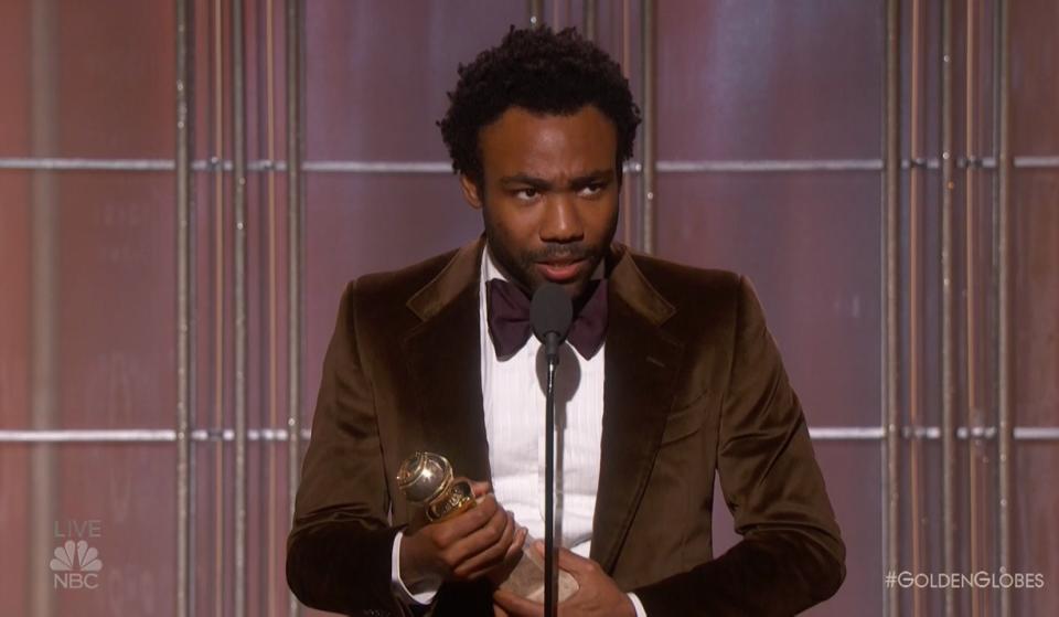 Donald Glover accepting the Best Actor: TV Musical or Comedy award at the 2017 Golden Globes (Credit: NBC/WENN.com)