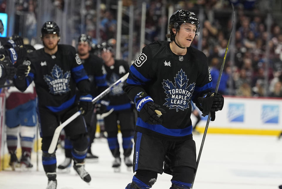 Toronto Maple Leafs left wing Tyler Bertuzzi reacts after scoring his third goal of the contest in the third period of an NHL hockey game against the Colorado Avalanche Saturday, Feb. 24, 2024, in Denver. (AP Photo/David Zalubowski)