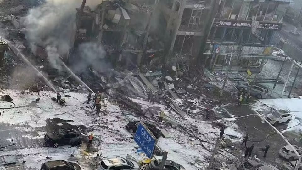 The blast ripped through a four-story building, state media said. - Weibo