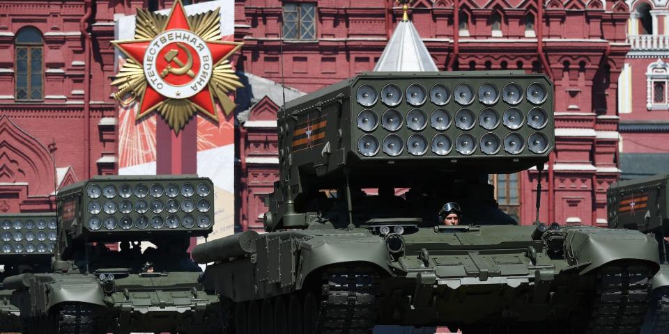 Russian TOS-1A multiple rocket launchers drive during the Victory Day Parade in Red Square in Moscow, Russia, June 24, 2020.