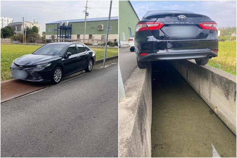 苗栗頭份有一台車懸空停在水溝上方，右側輪胎壓在細窄的水溝護堤，讓人好奇到底是怎麼停的？（翻攝自曾玟學 苗栗縣議員臉書）