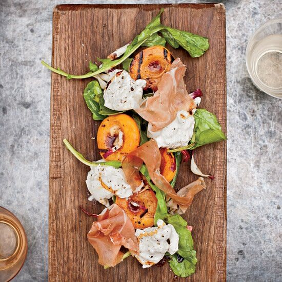 Grilled Apricots (or Peaches) with Burrata, Country Ham and Arugula