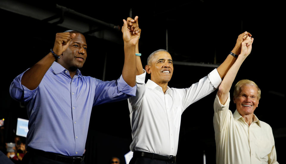 Barack Obama with Andrew Gillum, left, and Bill Nelson in Miami on Friday. (Photo: Joe Skipper/Reuters)
