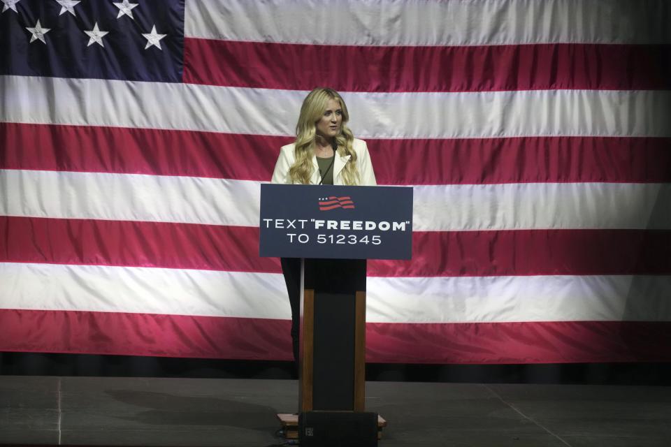 Former collegiate athlete and opponent of transgender sports inclusion Riley Gaines speaks at a campaign event for Florida Gov. Ron DeSantis on Friday, June 2, 2023, in Greenville, S.C. Gaines endorsed DeSantis' presidential campaign on Thursday. (AP Photo/Meg Kinnard)