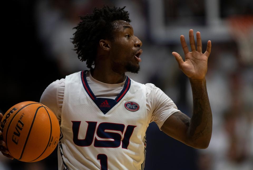 Southern Indiana’s Isaiah Swope (1) calls out as the University of Southern Indiana Screaming Eagles play the University of Arkansas Little Rock Trojans at Screaming Eagles Arena in Evansville, Ind., Thursday, Jan. 12, 2023.