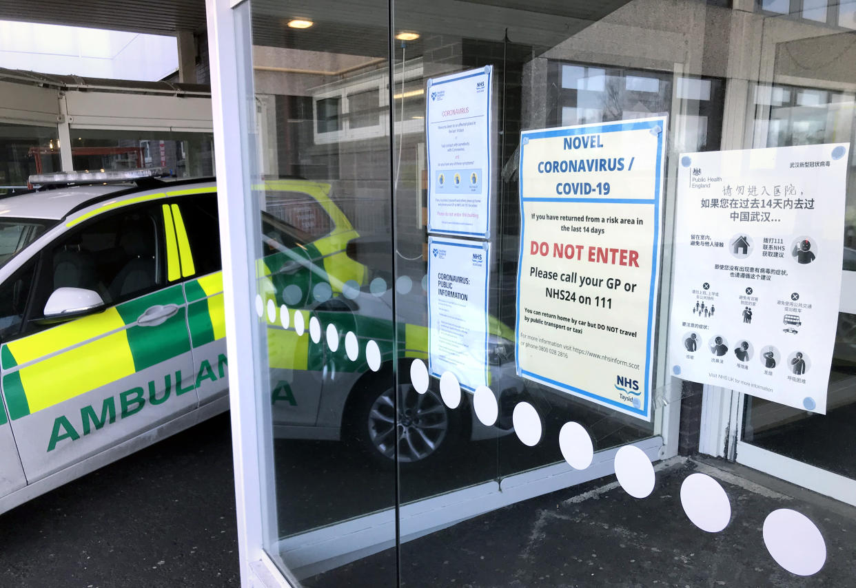 Coronavirus information posters at Ninewells Hospital, Dundee, Tayside. (Photo by Jane Barlow/PA Images via Getty Images)