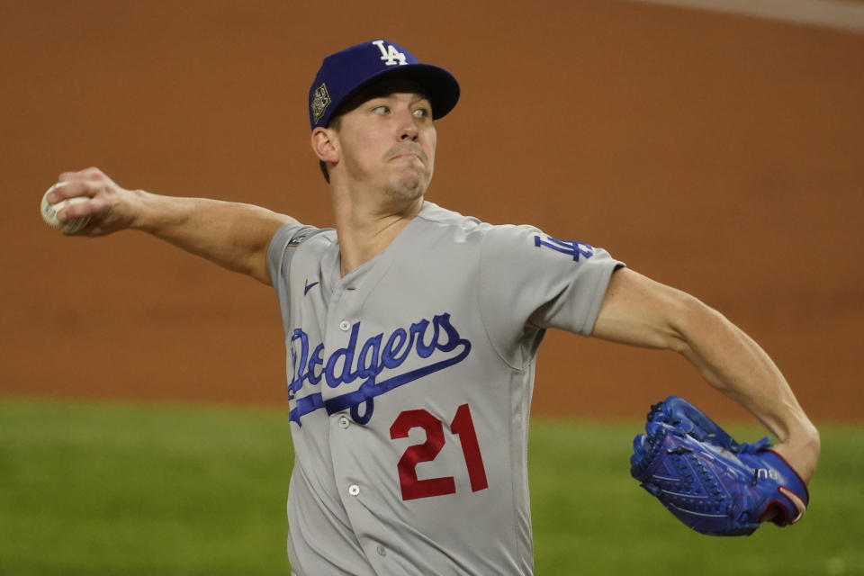 Los Angeles Dodgers starting pitcher Walker Buehler throws against the Tampa Bay Rays during the first inning in Game 3 of the baseball World Series Friday, Oct. 23, 2020, in Arlington, Texas. (AP Photo/Tony Gutierrez)