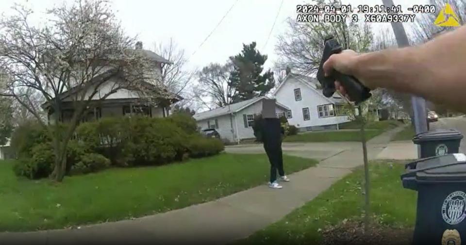 Officer Ryan Westlake’s body-worn camera footage shows him shooting a 15-year-old boy who had a toy gun on April 1 2024 (Akron Police Department)