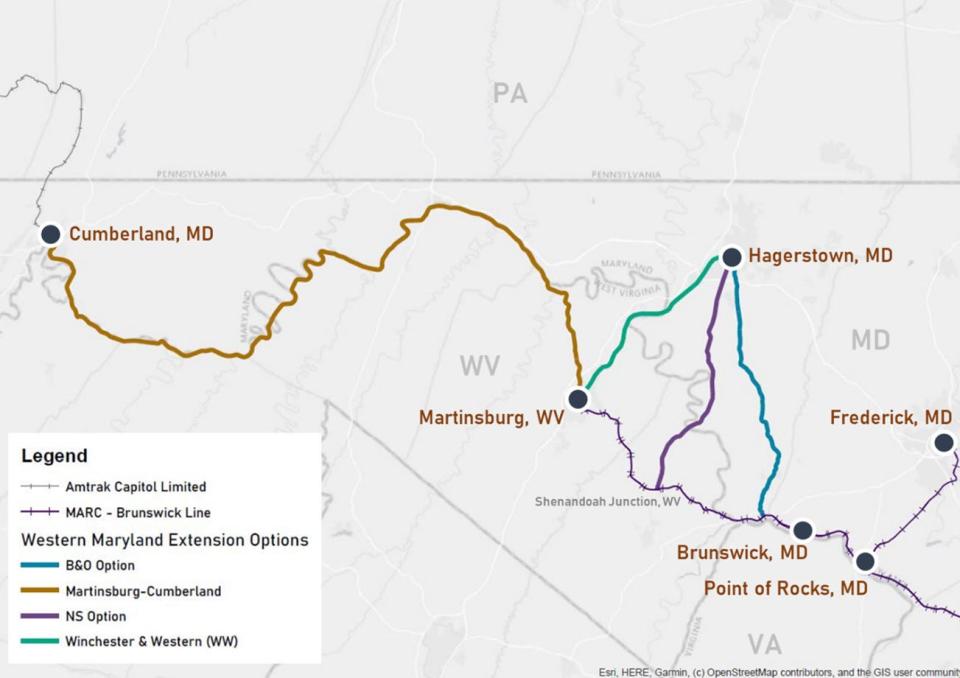 This map provided by the Maryland Transit Administration shows some of the proposed options for extending passenger rail service to Western Maryland, specifically to Hagerstown and Cumberland.
