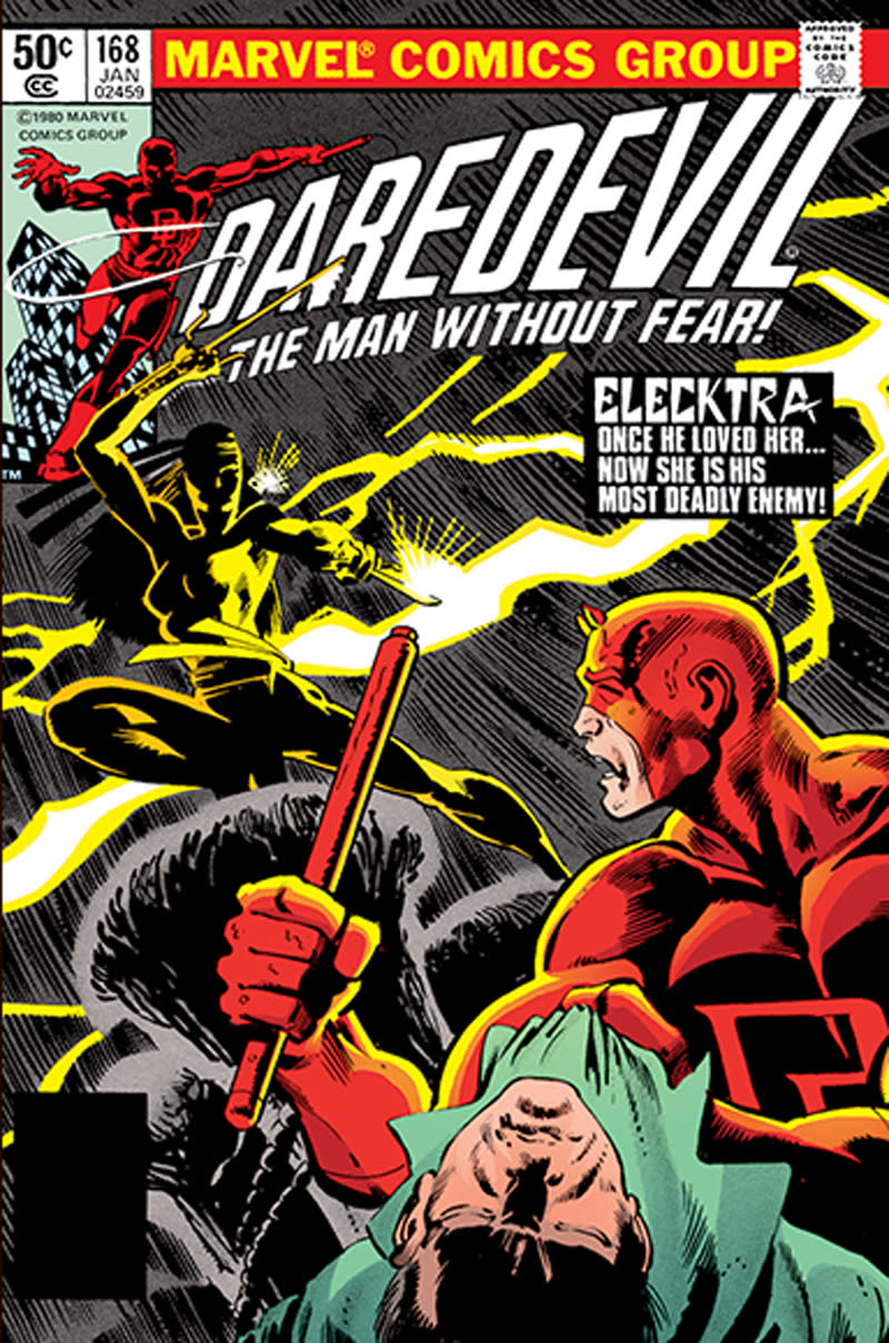 This comic book cover image released by Marvel Entertainment shows a 1980's "DareDevil the Man Without Fear," Vol. 1#168. The publisher of Marvel Comics is focusing on its panoply of characters, enlisting writers, artists, editors and historians to build a sprawling digital and interactive timeline that showcases the famous, the infamous and the obscure heroes, and villains. The endeavor is part of Marvel’s celebration of its 75th anniversary to make people aware of more than marquee names like Captain America or Spider-Man, and to appeal to site visitors coming from the cinema or cataloging a comic collection in the basement. (AP Photo/Marvel Entertainment)