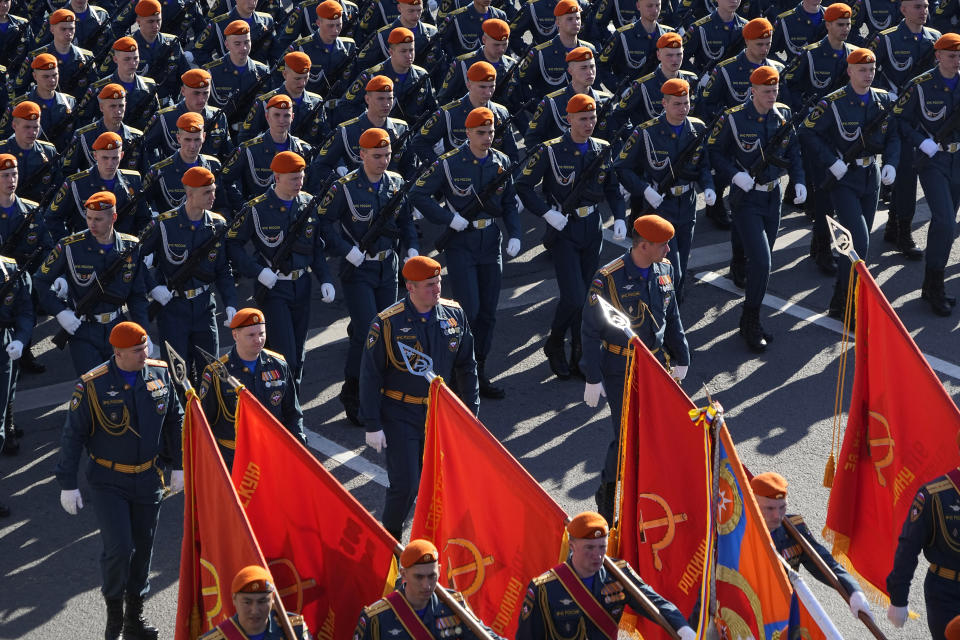 Russian soldiers march toward Red Square to attend a Victory Day military parade in Moscow, Russia, Tuesday, May 9, 2023, marking the 78th anniversary of the end of World War II. (AP Photo/Alexander Zemlianichenko)