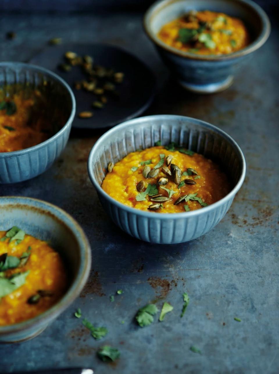 Butternut Squash and Chili Soup with Spelt “This is my go-to autumn soup for when I want a kick and a meal at the same time. The spelt makes it more like a single serving meal and the chili warms you up from the inside and let’s not forget about the squash which is jam packed full of all things good for you!”—Julie Montagu, Superfoods: The Flexible Approach to Eating More Superfoods. Try the Butternut Squash and Chili Soup with Spelt recipe. (Photo: Yuki Sugiura).