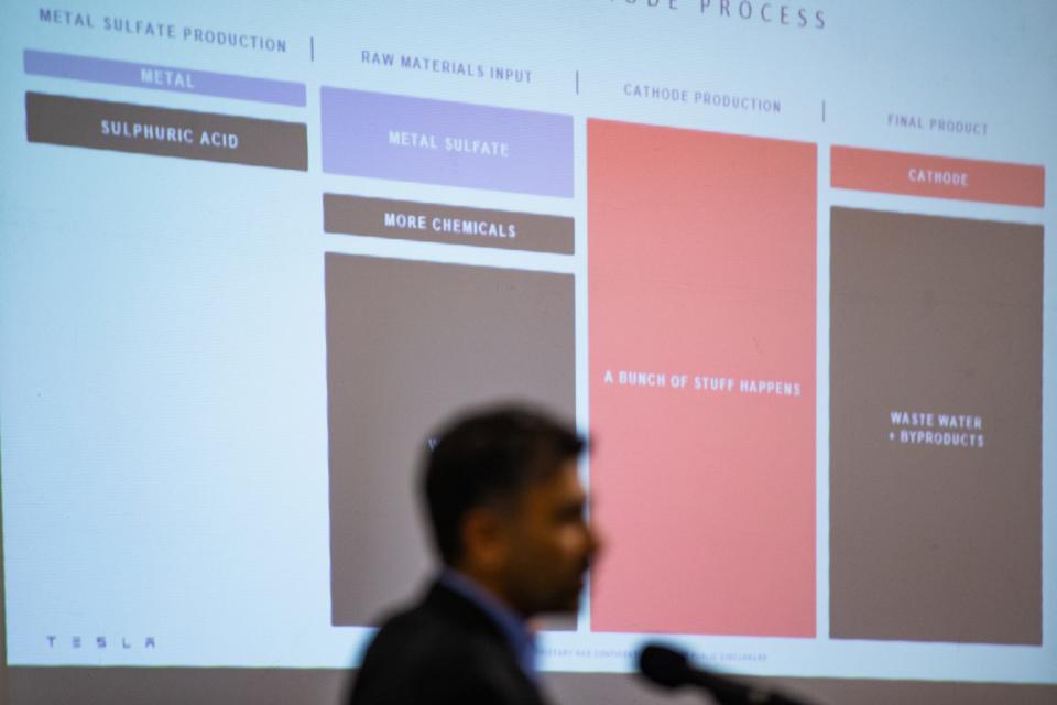 Tesla Senior Global Director Rohan Patel gives a presentation at a public hearing regarding the proposed Tesla lithium refining facility in Nueces County on Monday, Dec. 5, 2022, at the Richard M. Borchard Regional Fairgrounds in Robstown, Texas.