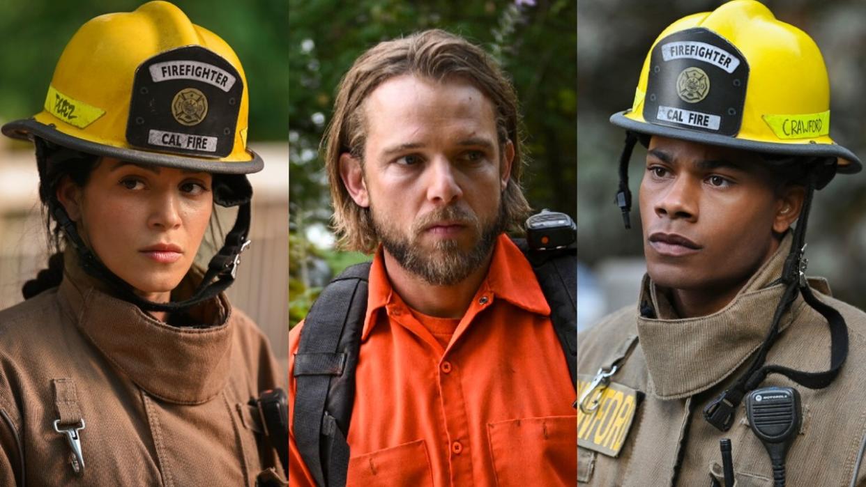  From left to right: Stephanie Arcila, Max Thieriot and Jordan Calloway on Fire Country 