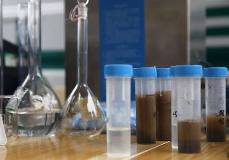 Soil samples taken from an area near last week's explosions are placed on a table at a monitoring station to check for environmental pollution located within a 3-km (2-mile) exclusion zone from the explosion site in Binhai new district in Tianjin, China, August 18, 2015. REUTERS/Kim Kyung-Hoon