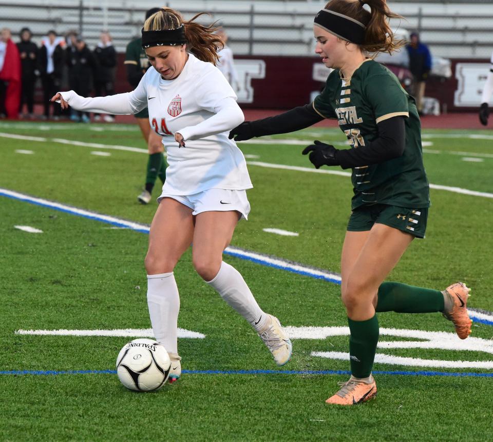 Somers' Bridget Kossow (24) controls the ball as Vestal's Ava Brunetti (20) defends Somers' 2-1 victory in a Class AA girls soccer subregional Nov. 1, 2023 at Johnson City High School.