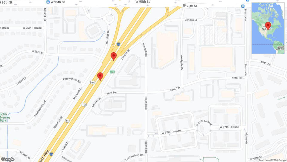 A detailed map that shows the affected road due to 'Broken down vehicle on eastbound I-35 in Lenexa' on July 18th at 7:07 p.m.