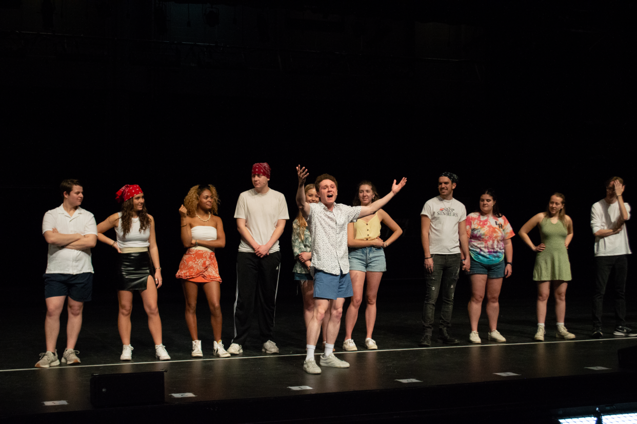 The cast rehearses a scene for the University of Notre Dame’s film, television and theater department's production of the 1975 musical “A Chorus Line” that opens April 18 and continues through April 21, 2024, at the DeBartolo Performing Arts Center.