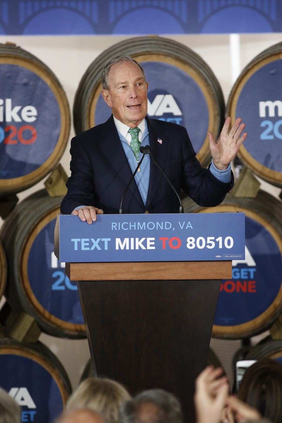 Democratic presidential candidate Mike Bloomberg speaks during a campaign event at Hardywood Park Craft Brewery in Richmond, Va., Saturday, Feb. 15, 2020. (James H. Wallace/Richmond Times-Dispatch via AP)