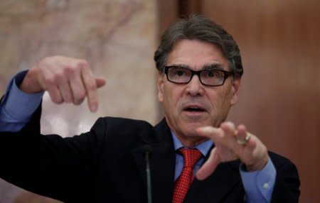 FILE PHOTO: U.S. Secretary of Energy Rick Perry gestures during a news conference in New Delhi, India, April 17, 2018. REUTERS/Adnan Abidi