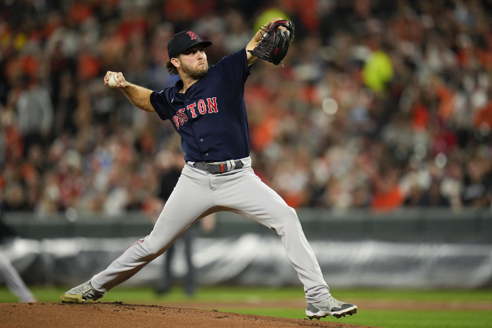 Boston Red Sox starting pitcher Kutter Crawford throws to the Baltimore Orioles during the first inning of a baseball game, Saturday, Sept. 30, 2023, in Baltimore. (AP Photo/Julio Cortez)