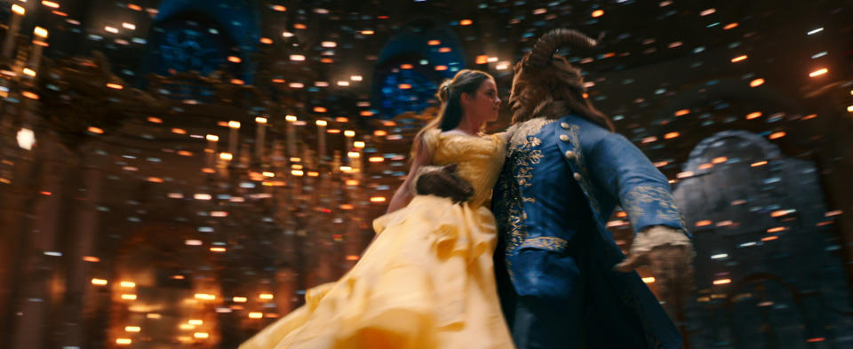 Belle (Emma Watson) comes to realize that underneath the hideous exterior of the Beast (Dan Stevens) there is the kind heart of a Prince in Disney's BEAUTY AND THE BEAST, a live-action adaptation of the studio's animated classic directed by Bill Condon. (Credit: Disney)