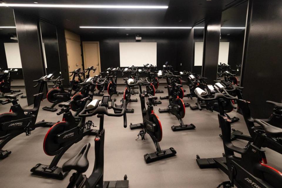 Inside the spin cycling room at the Canyon Ranch Wellness Center inside the Crescent Hotel in Fort Worth on Wednesday, Dec. 6, 2023.