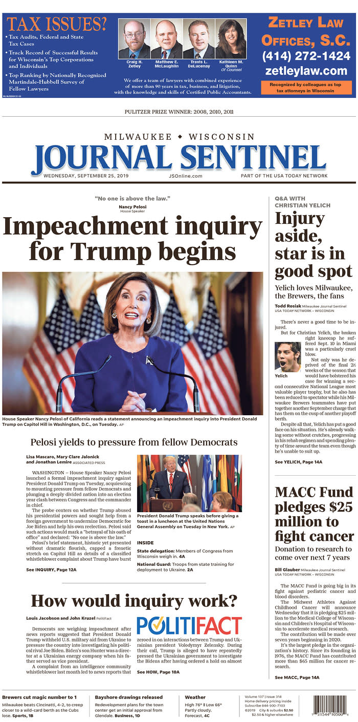 Impeachment inquiry for Trump begins Milwaukee Journal Sentinel Published in Milwaukee, Wis. USA. (newseum.org)