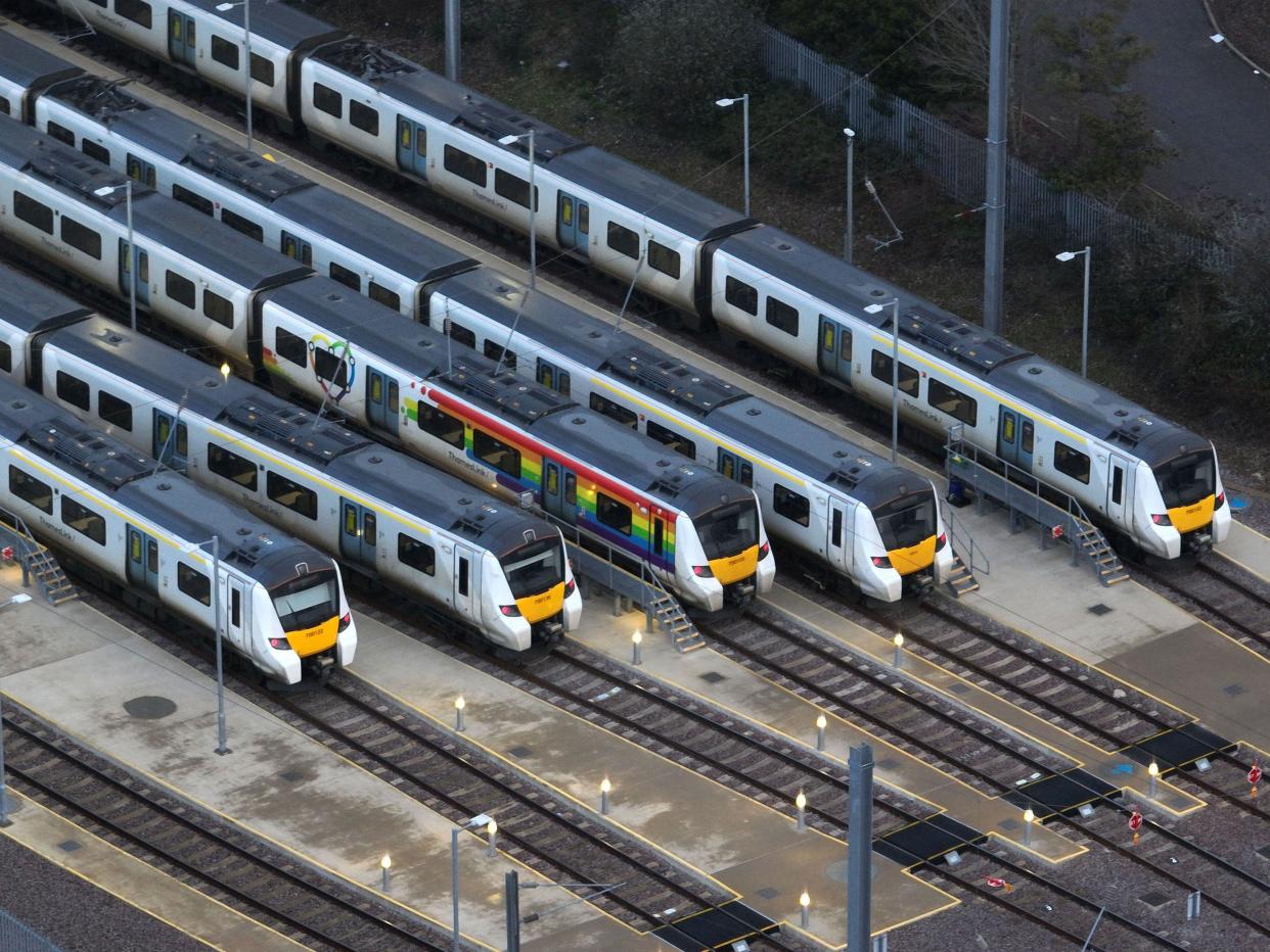 Trains are stationary in sidings in Peterborough, Cambs., as national strike action by the train drivers union ASLEF means a highly reduced train service will be running today. The RMT start another 48 hour strike from tomorrow.
