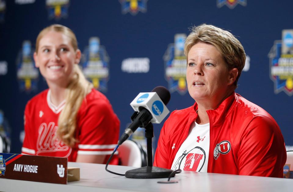 Utah Amy Hogue head softball coach speaks during a press conference for the Women's College World Series at USA Softball Hall of Fame Stadium in Oklahoma City, Wednesday, May, 31, 2023. 